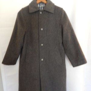 Vintage grey wool coat with blue plaid flannel lining, size small.